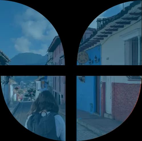 Plant symbol with background image of a woman walking on a street with a backpack