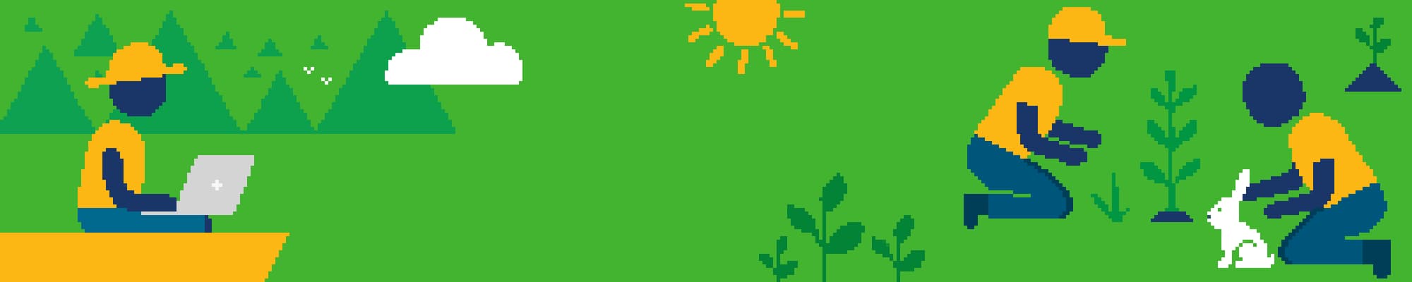 Pixel art of a person sitting with a laptop on their lap on the left side, while other two people are playing with a rabbit on the right side