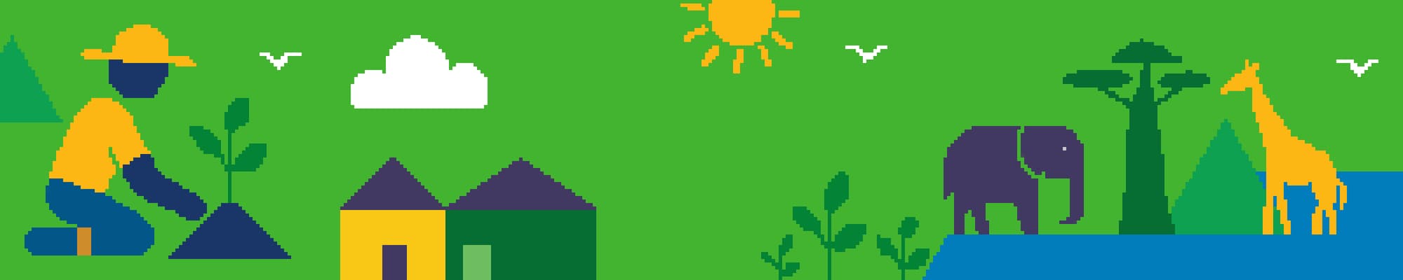 Pixel art of a person plating a tree, with a landscape and animals in the background